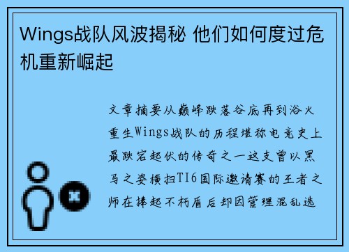 Wings战队风波揭秘 他们如何度过危机重新崛起