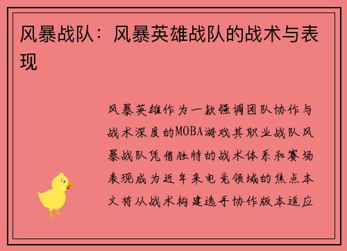 风暴战队：风暴英雄战队的战术与表现
