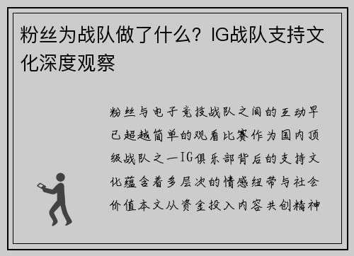 粉丝为战队做了什么？IG战队支持文化深度观察